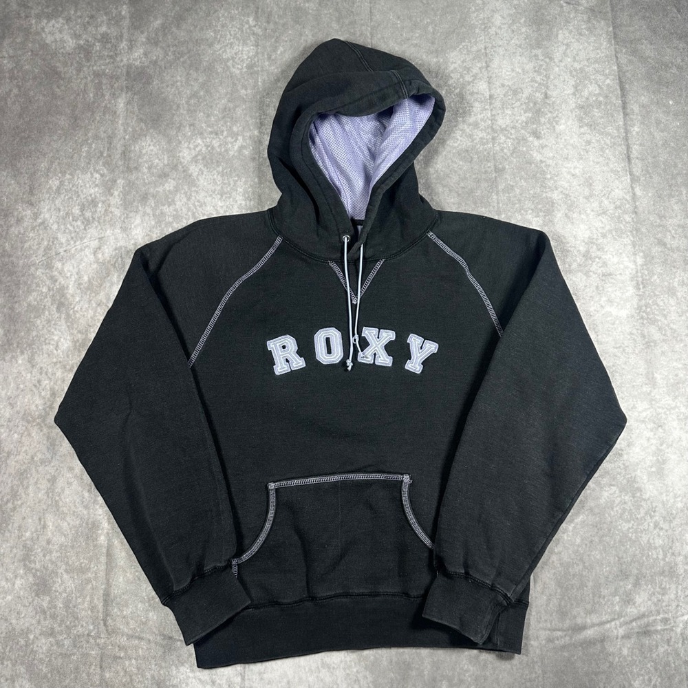 VTG Roxy Quiksilver Womens M Hoodie Black Lilac Mesh Logo Sweatshirt Y2K Surf